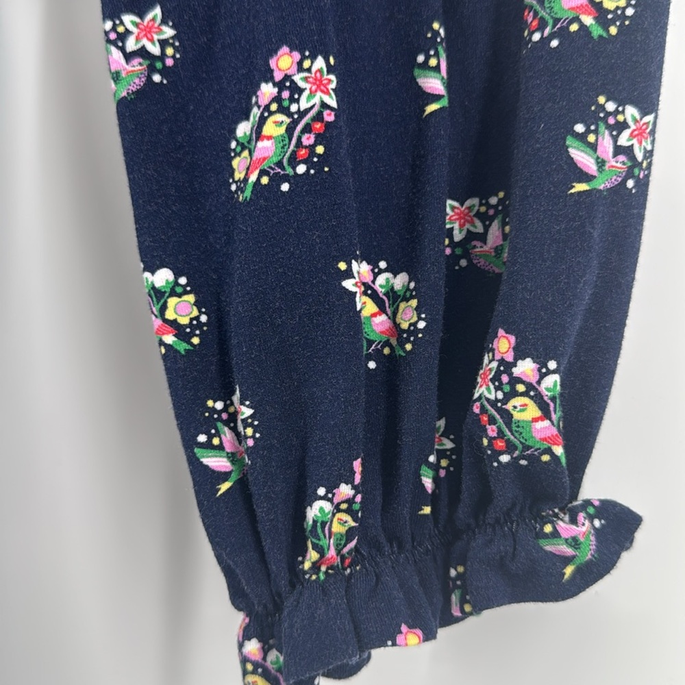 Boden Navy Pretty Bird Floral Clara Long Sleeve Ruffle Neck Jersey Dress - Picture 3 of 9